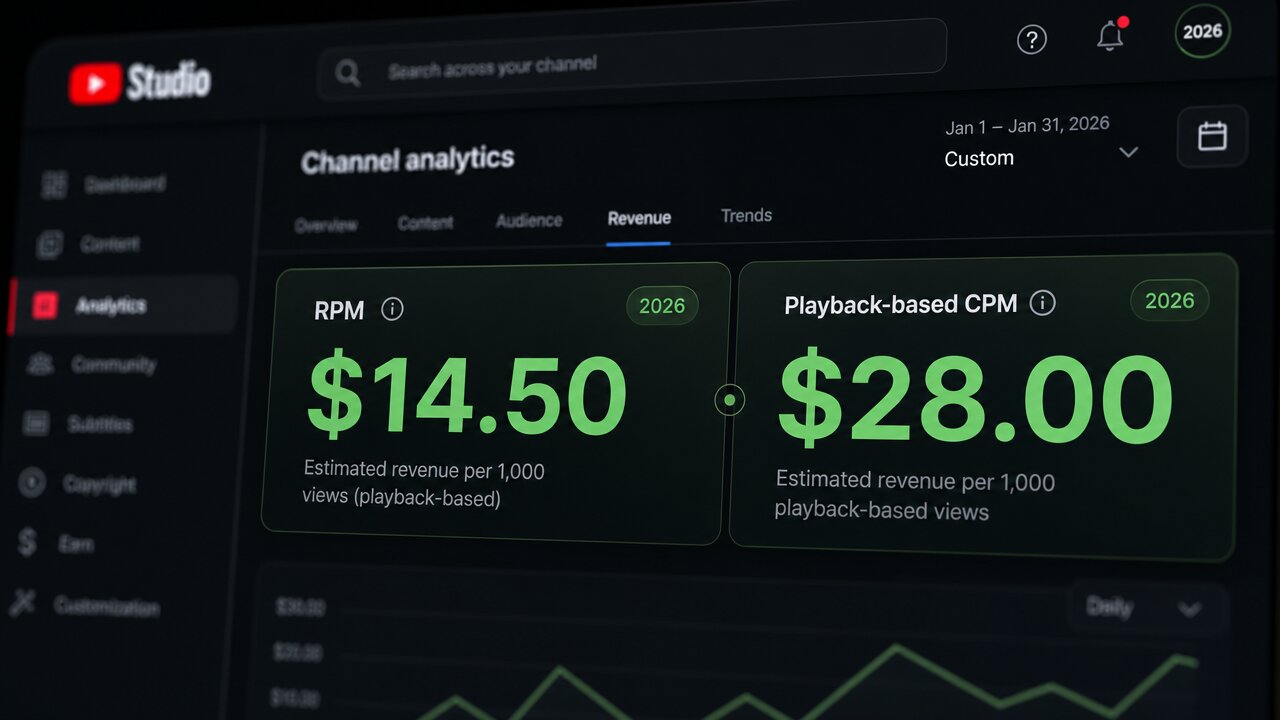Close-up comparison of YouTube Studio CPM and RPM metrics