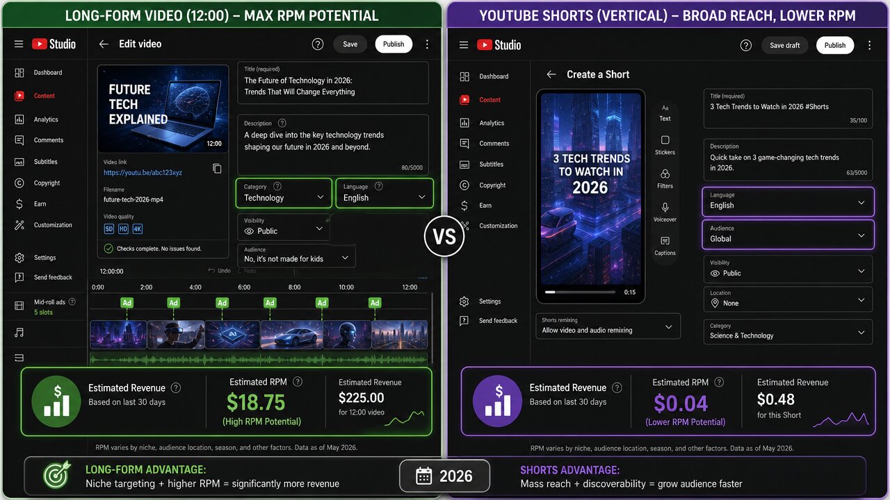 Split comparison of Long-Form vs. Shorts editor workflows and RPM performance
